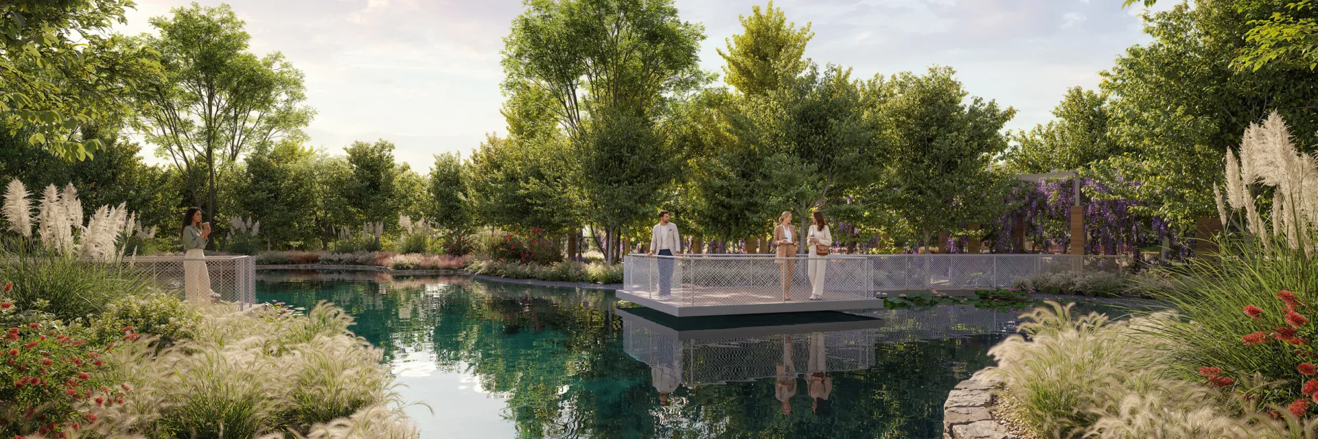 Viewing deck on the edge of the pond, trees and landscaping