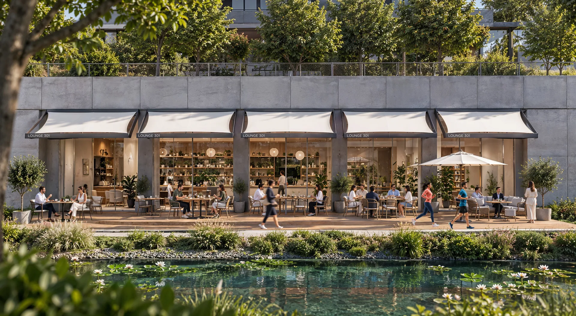 People sitting on a café terrace overlooking the pond