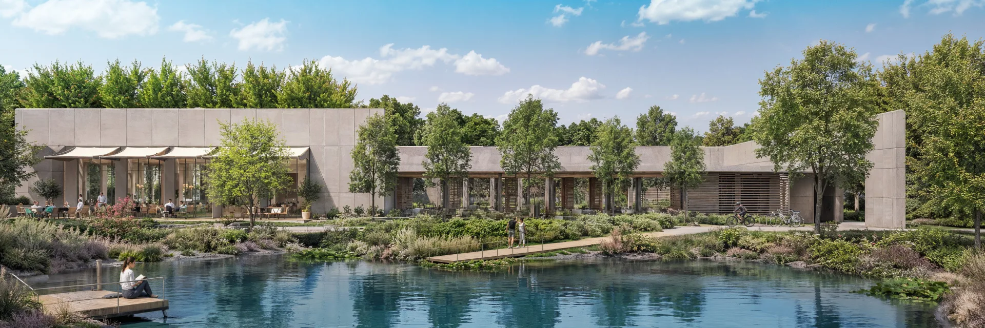 The social club building on the edge of the pond