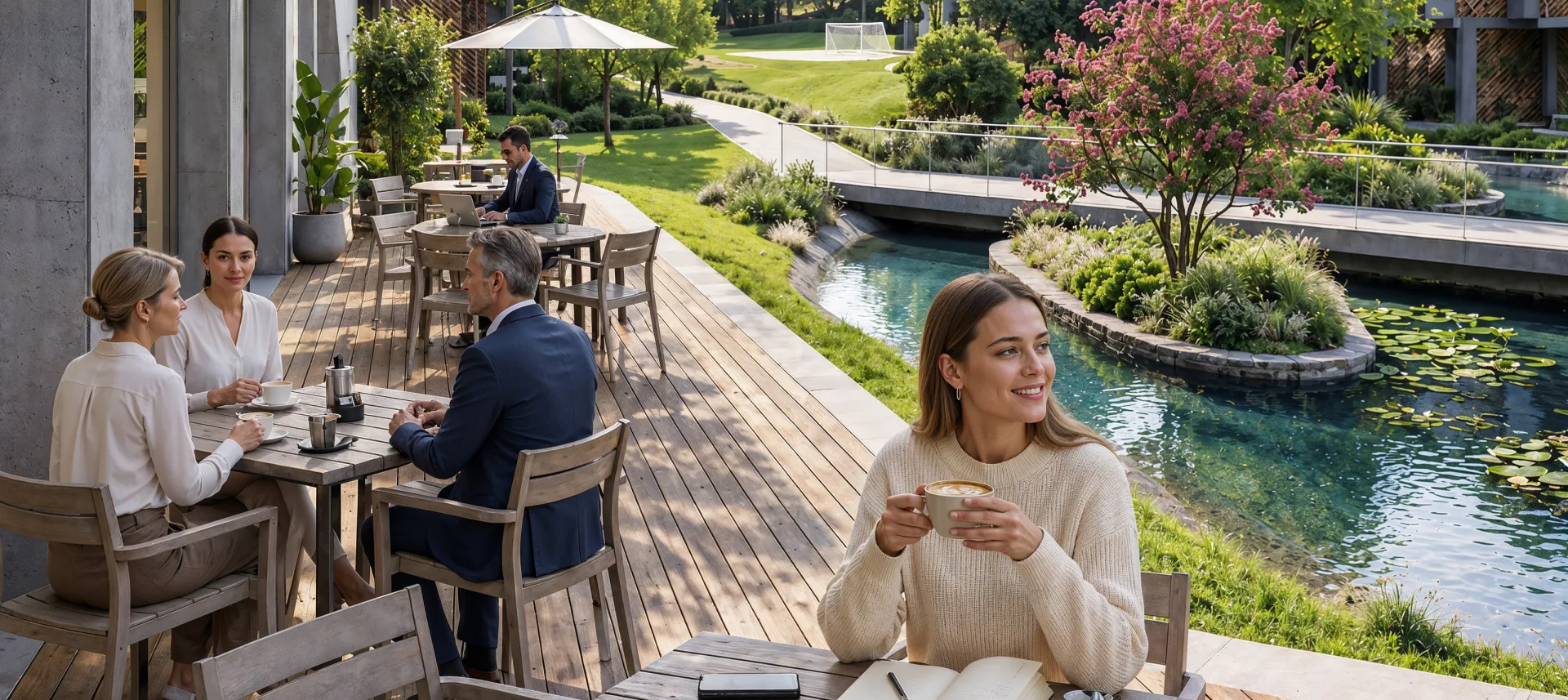 Coffee break on the canal-side terrace of the lounge area