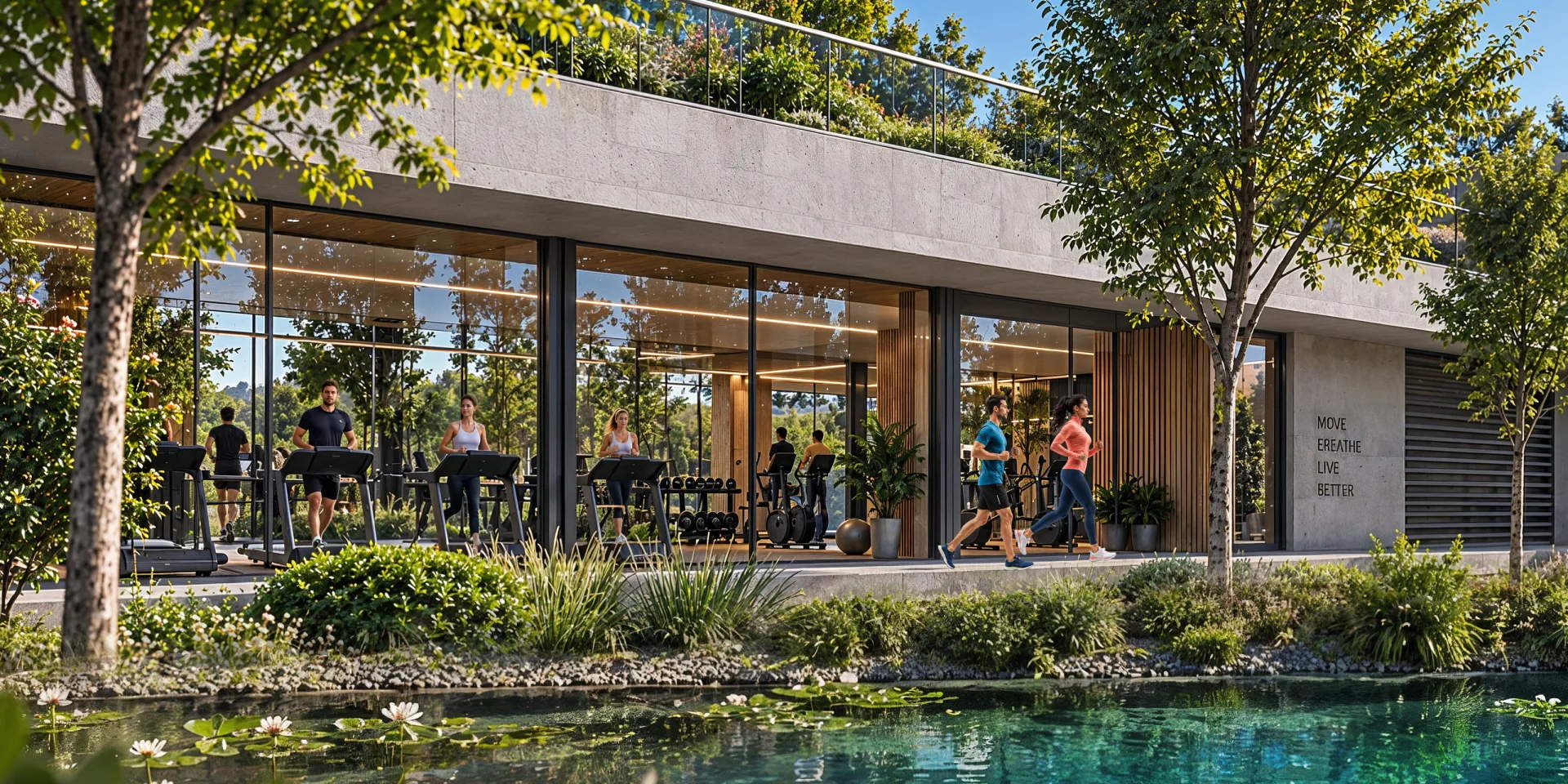 Glass-fronted fitness building by the pond