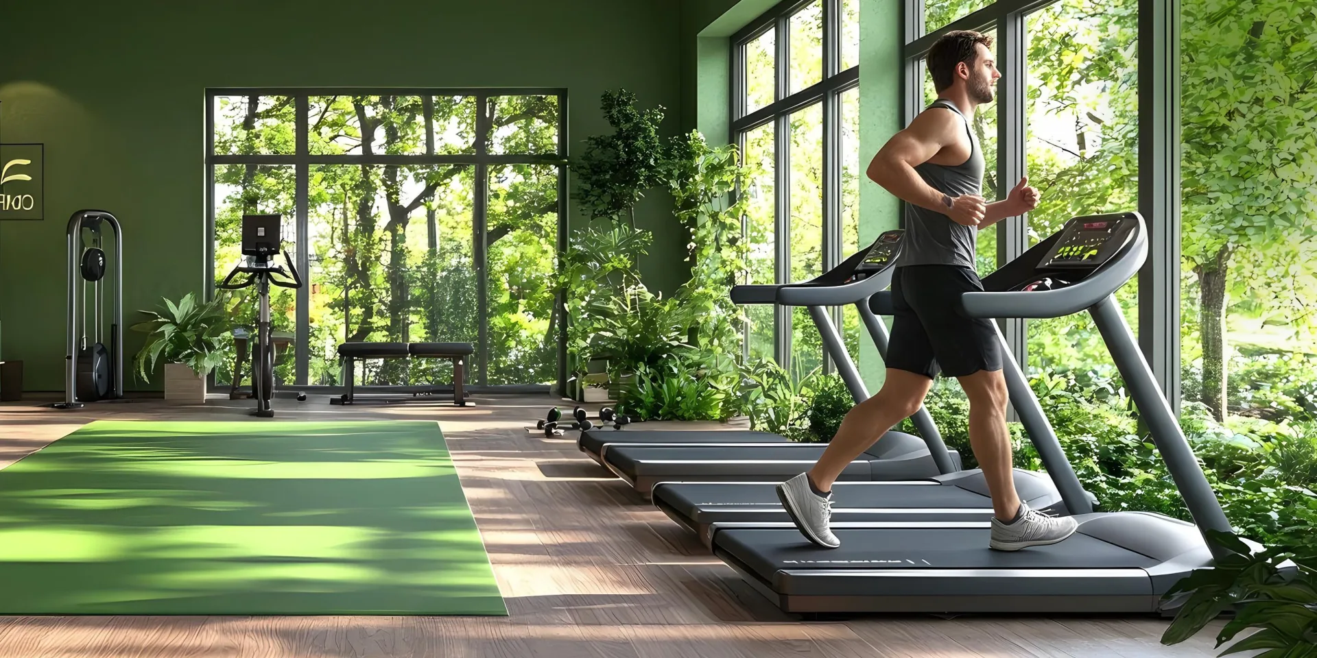 A runner on a treadmill in a fitness hall surrounded by plants