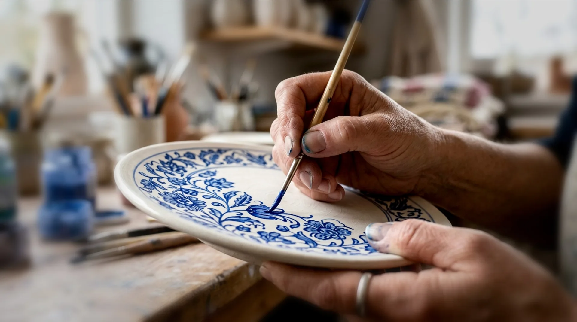 Hands painting a plate in the ceramics studio