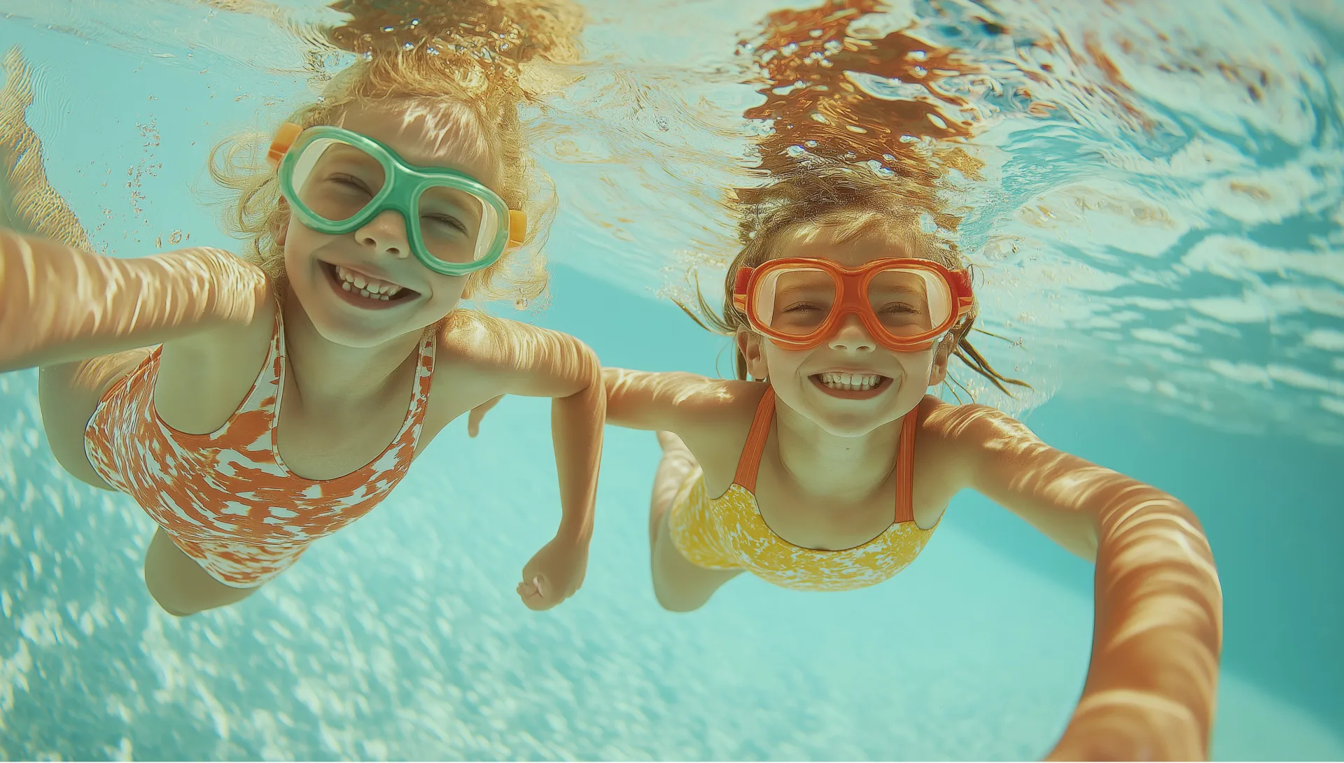 Two children swimming with goggles