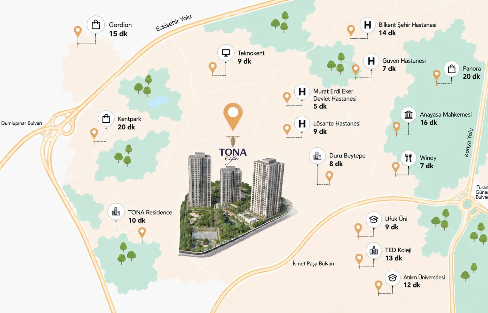 Schematic map showing TONA Life and key destinations nearby