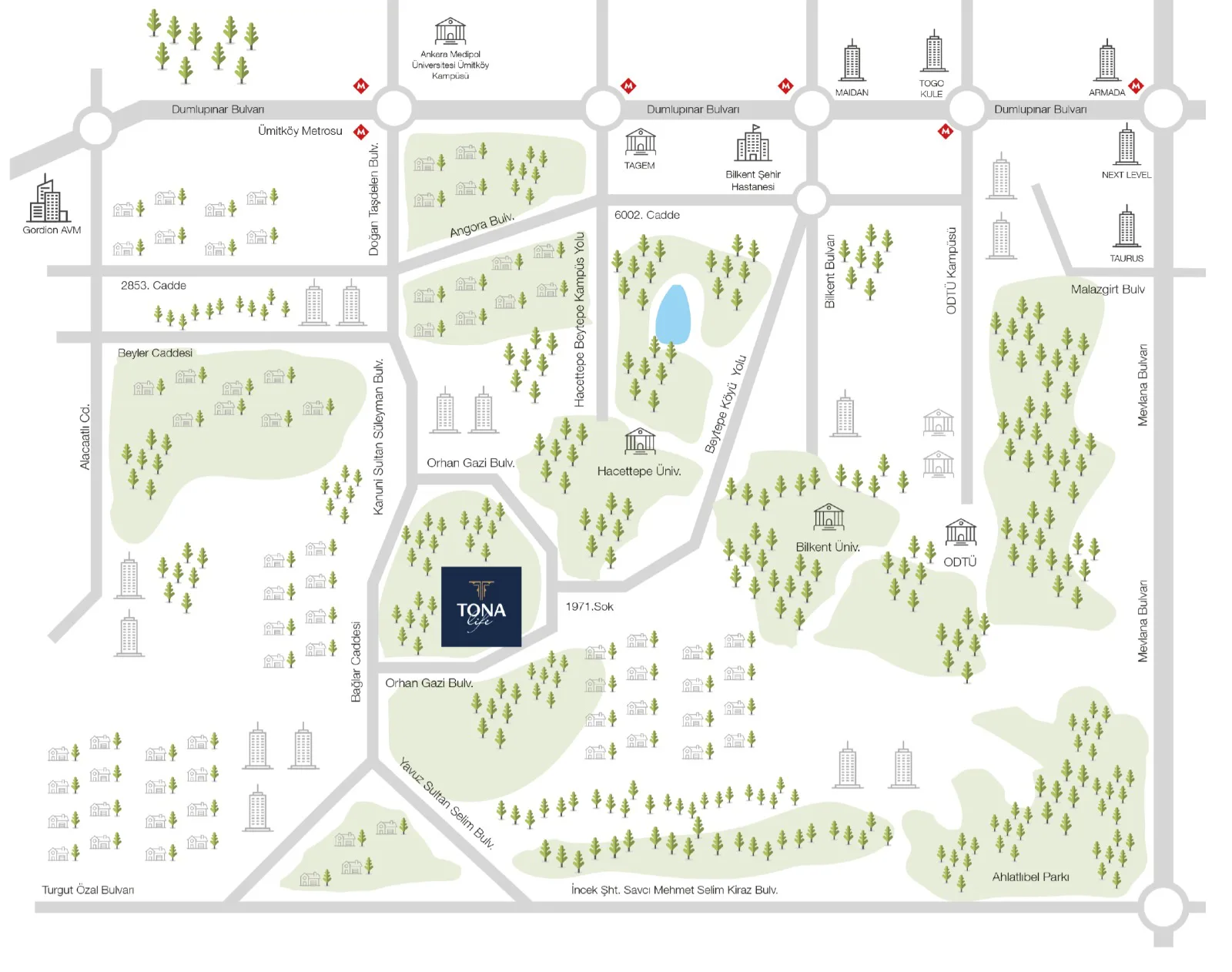 Map showing TONA Life’s location in Beytepe with the surrounding roads, universities and neighbourhoods