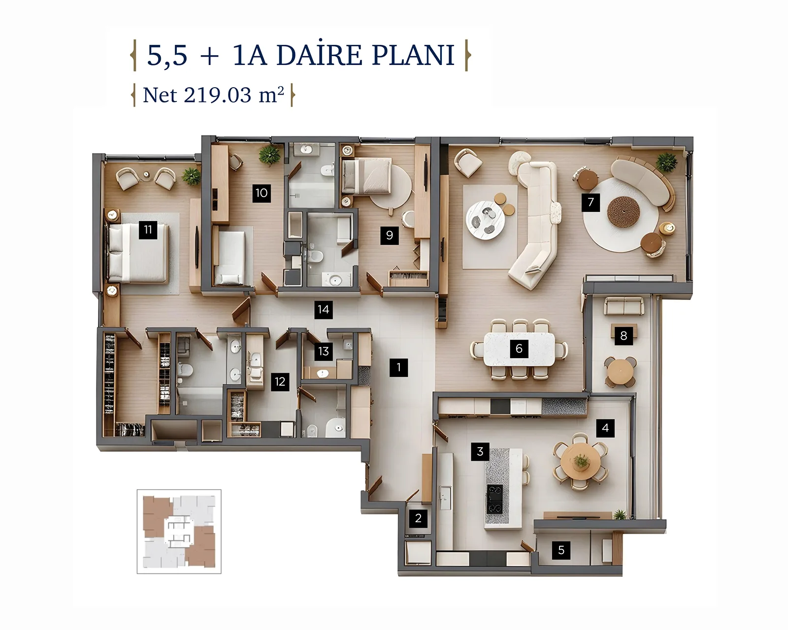 TONA Life 5.5+1 type A floor plan and schedule of areas