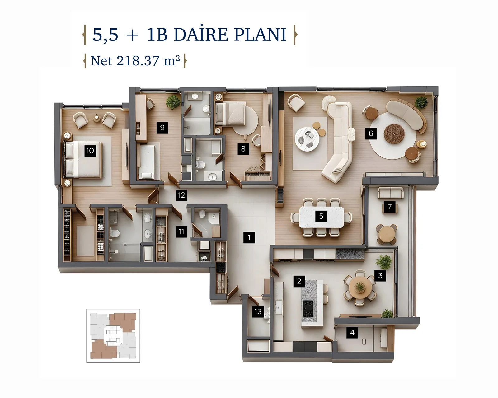 TONA Life 5.5+1 type B floor plan and schedule of areas