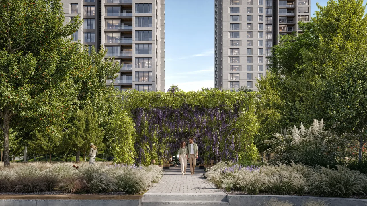Wisteria-covered plant tunnel and pedestrian route