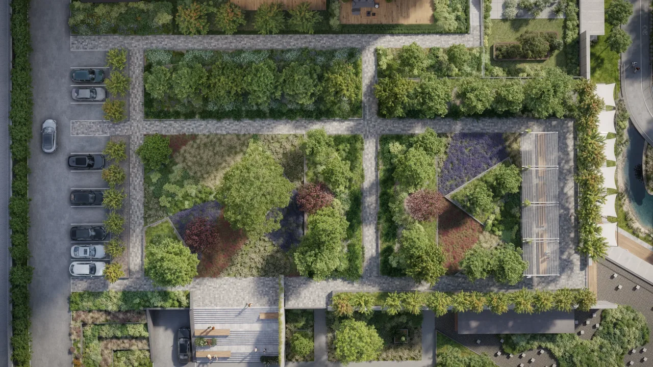 Aerial detail of the landscaped grounds