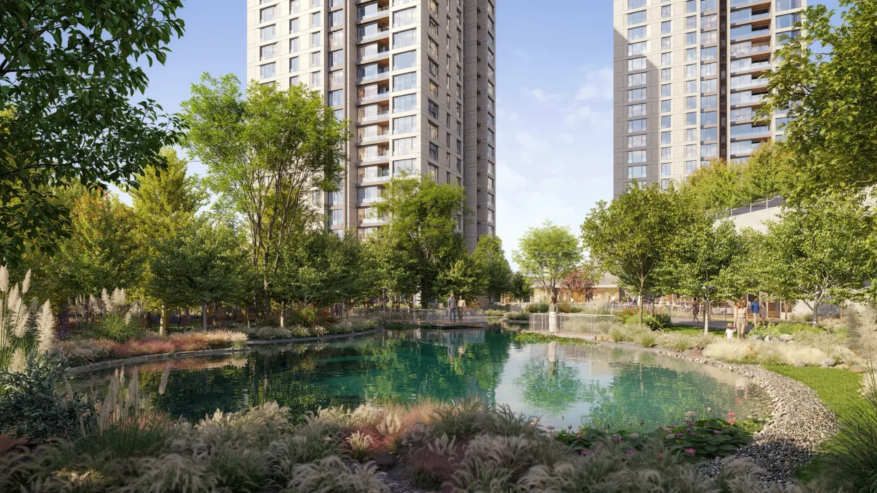 The pond and water surface between the blocks