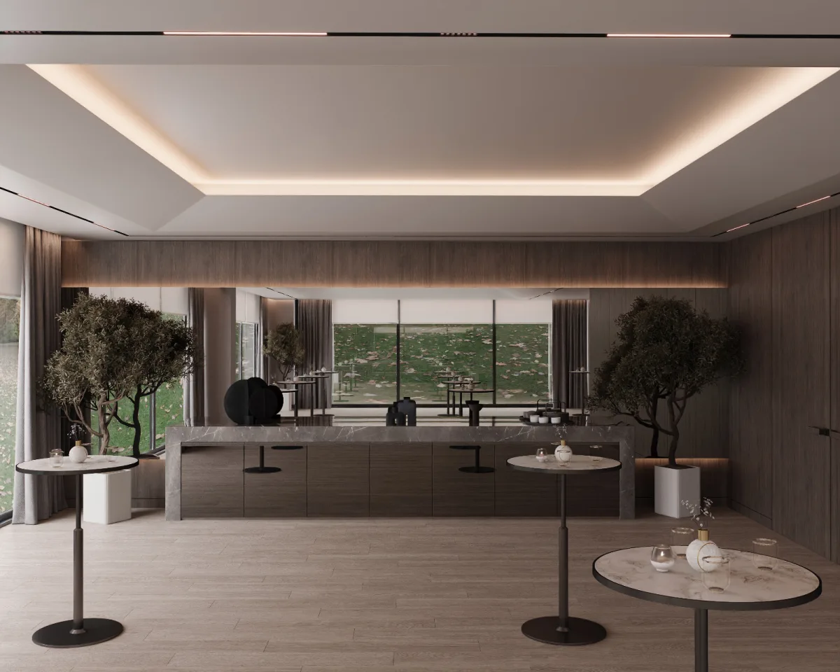 Multi-purpose hall with screen and bistro tables